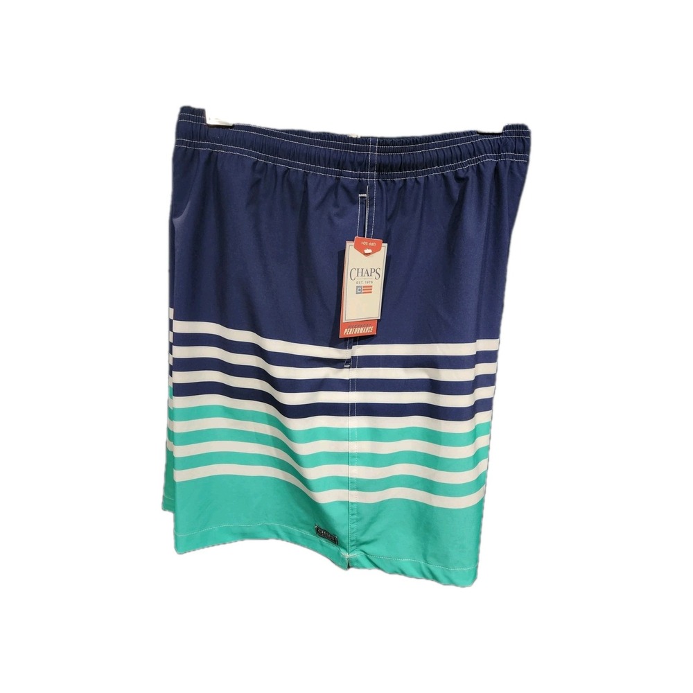 Chaps Mens Performance Board Shorts Navy Blue‎ Teal Striped Swim Trunks NEW